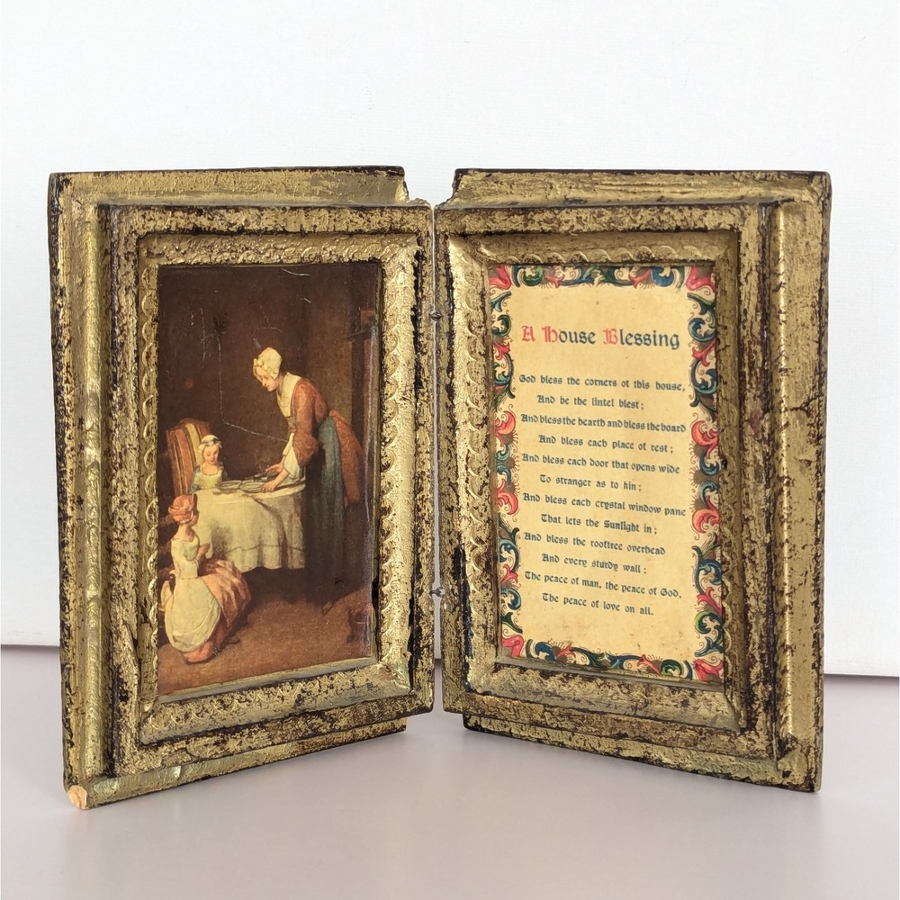 Vtg A House Blessing Gold Gilt Florentine Hinged Folding Frame Dyptych Italy